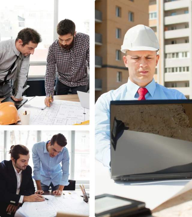 Collage of Trust Patricks architects at work. Left images show men discussing blueprints indoors, while the right image shows a man in a hard hat using a laptop outside.
