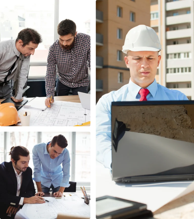 Collage of Trust Patricks architects at work. Left images show men discussing blueprints indoors, while the right image shows a man in a hard hat using a laptop outside.