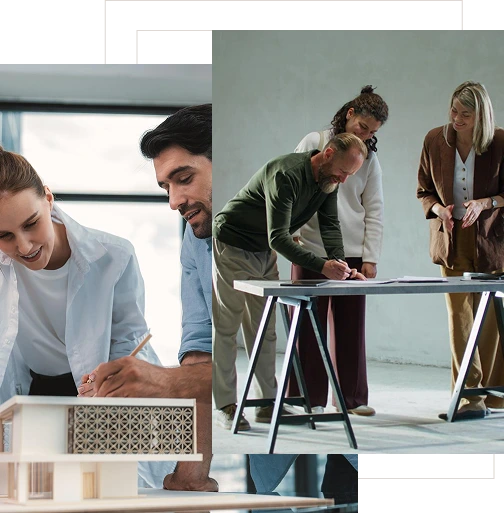 A diverse group of architects collaborates on designs.