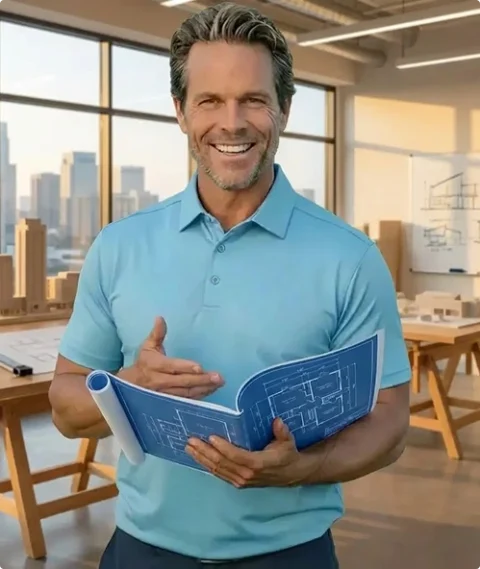 Patrick holds building blueprints