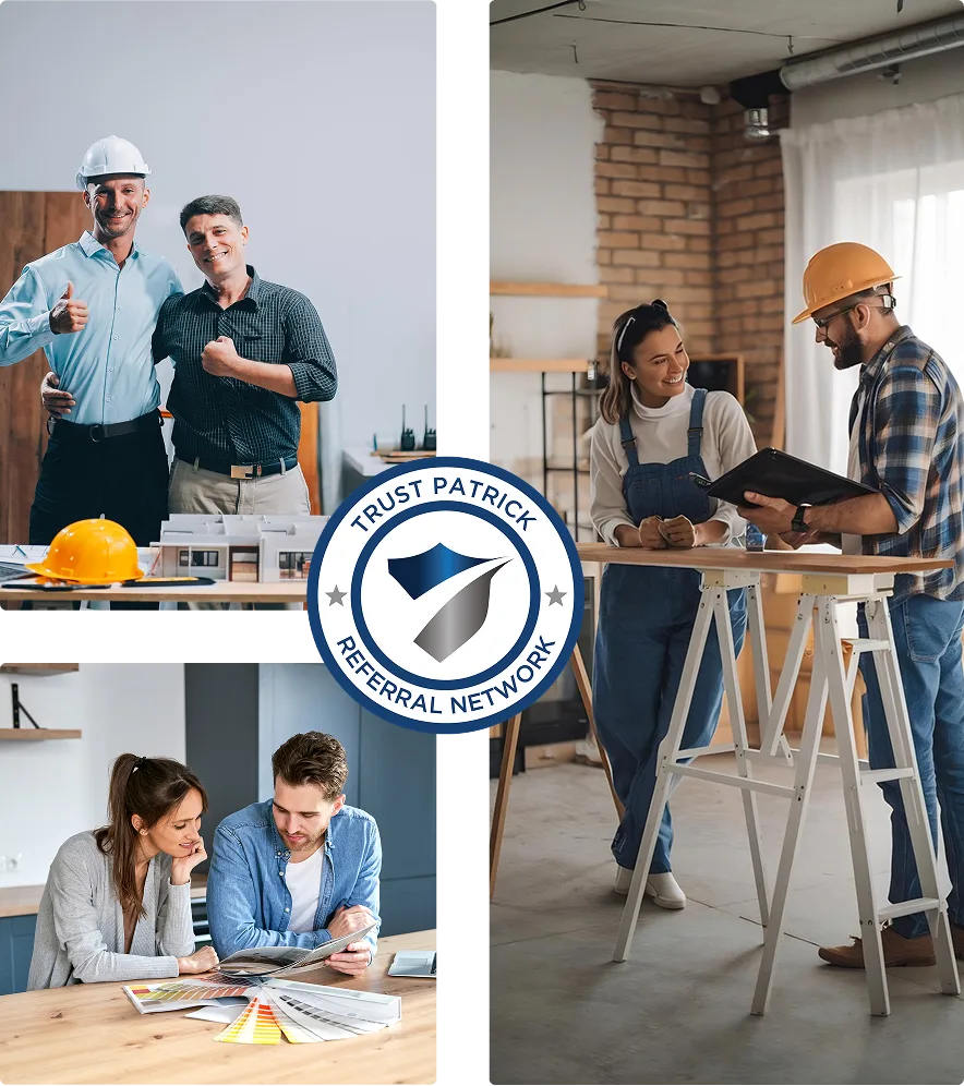 Collage of Trust Patrick professionals: Two men with thumbs-up, woman and man in hard hats discussing plans, and a couple reviewing documents.