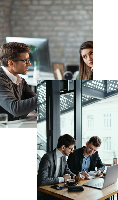 People collaborating in a modern workspace.